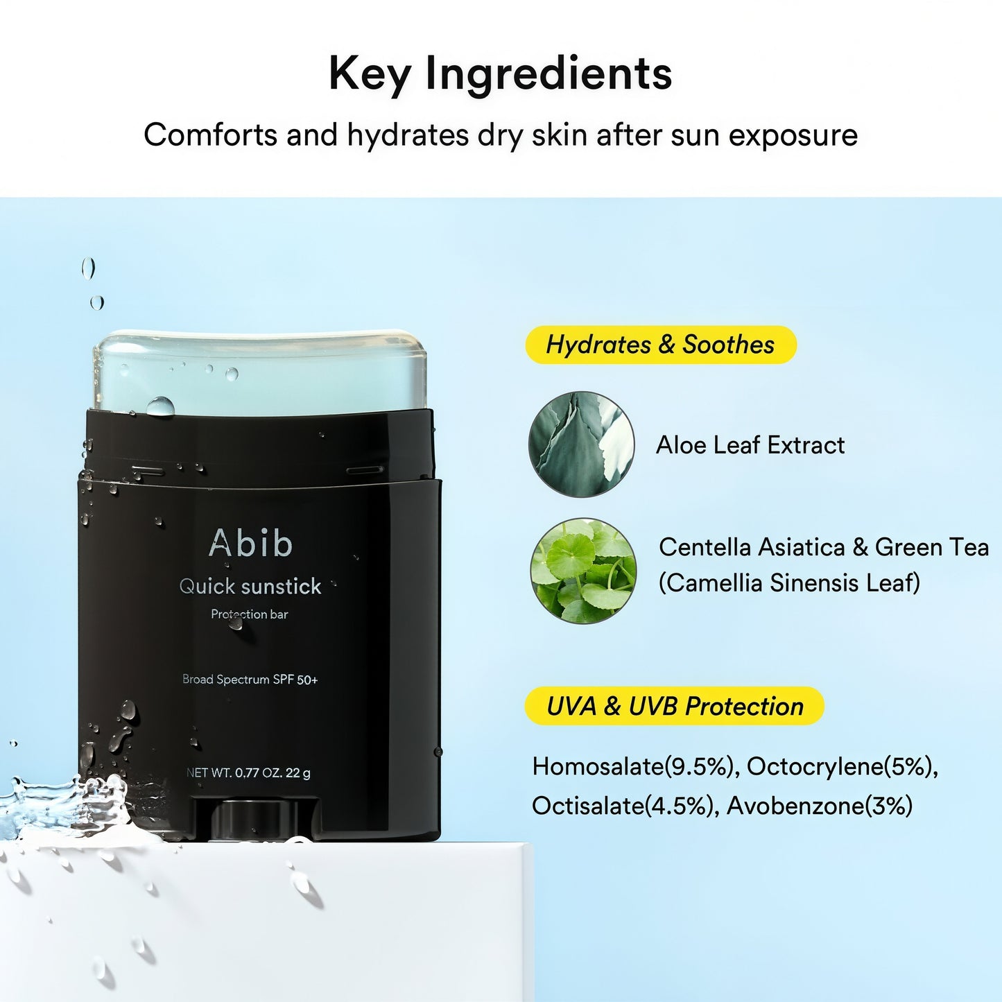 Abib Quick Sunstick Protection Bar SPF50+ Broad Spectrum, Glowy Sunscreen Stick for Dry & Sensitive Skin, No White Cast, With Centella & Aloe, Korean Sunscreen, 0.77 oz / 22 g