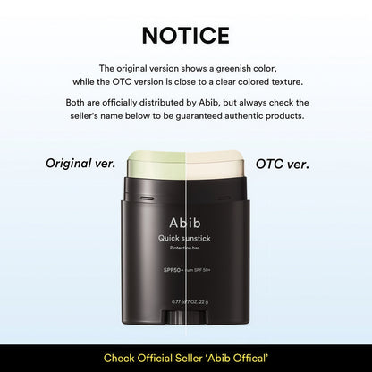 Abib Quick Sunstick Protection Bar SPF50+ Broad Spectrum, Glowy Sunscreen Stick for Dry & Sensitive Skin, No White Cast, With Centella & Aloe, Korean Sunscreen, 0.77 oz / 22 g